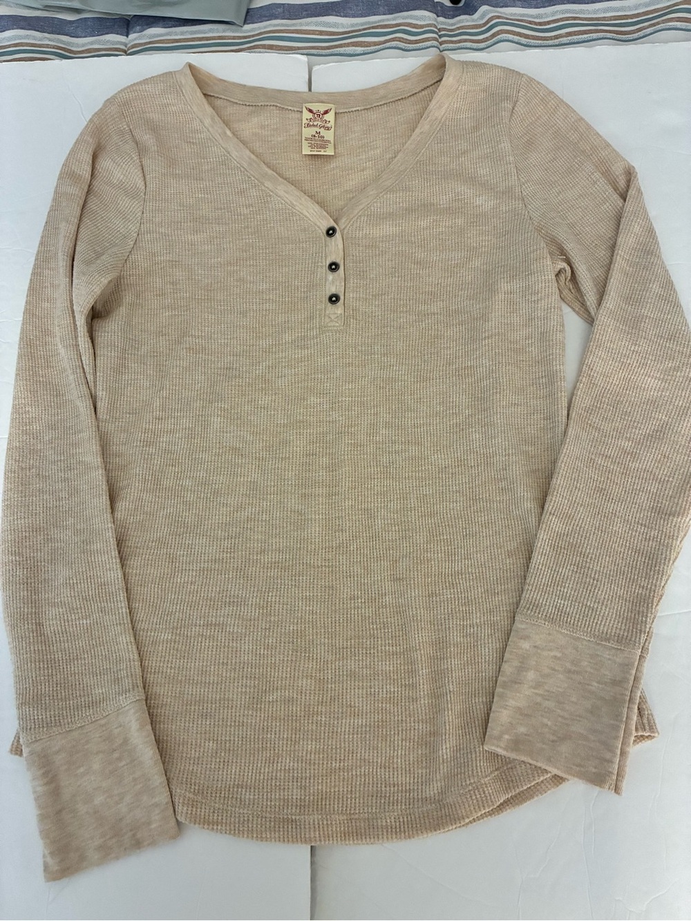 Faded Glory Women’s Waffle Knit Henley M Oatmeal Y2K Casual Outdoor Nostalgia